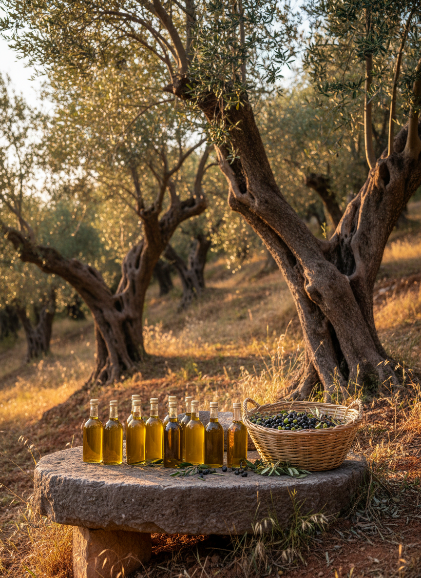 A rustic olive grove on a gentle hillside, silvery-green leaves shimmering on ancient, twisted olive trees with deeply furrowed bark. In the foreground, a simple stone olive press table holds a row of glass bottles filled with cloudy golden-green olive oil, alongside a woven basket overflowing with freshly picked olives and scattered leaves. Late afternoon golden hour light streams through the branches, creating dappled patterns on the reddish soil and wild grasses. Photographic realism, shot at a low angle with the bottles in crisp focus and the grove softly blurred behind. The mood is earthy, authentic, and quietly celebratory of traditional Corfu olive oil making.