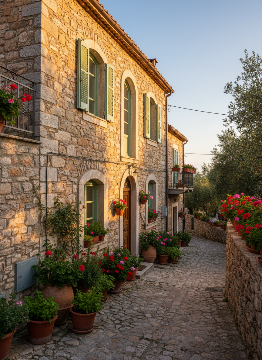 A lovingly restored traditional Corfiot stone house façade with honey-colored, irregular stone walls and soft green wooden shutters, surrounded by terracotta pots bursting with geraniums and herbs. The house sits on a narrow cobbled village lane in Doukades, with low stone walls and glimpses of olive trees beyond. Warm late-afternoon island sunlight washes over the stones, accentuating their texture and casting playful shadows. Photographic realism, shot at eye level with a gentle wide-angle lens, capturing the entire front of the house and a hint of neighboring buildings. The mood is welcoming, playful, and relaxed, suggesting slow island life and everyday village rhythms.