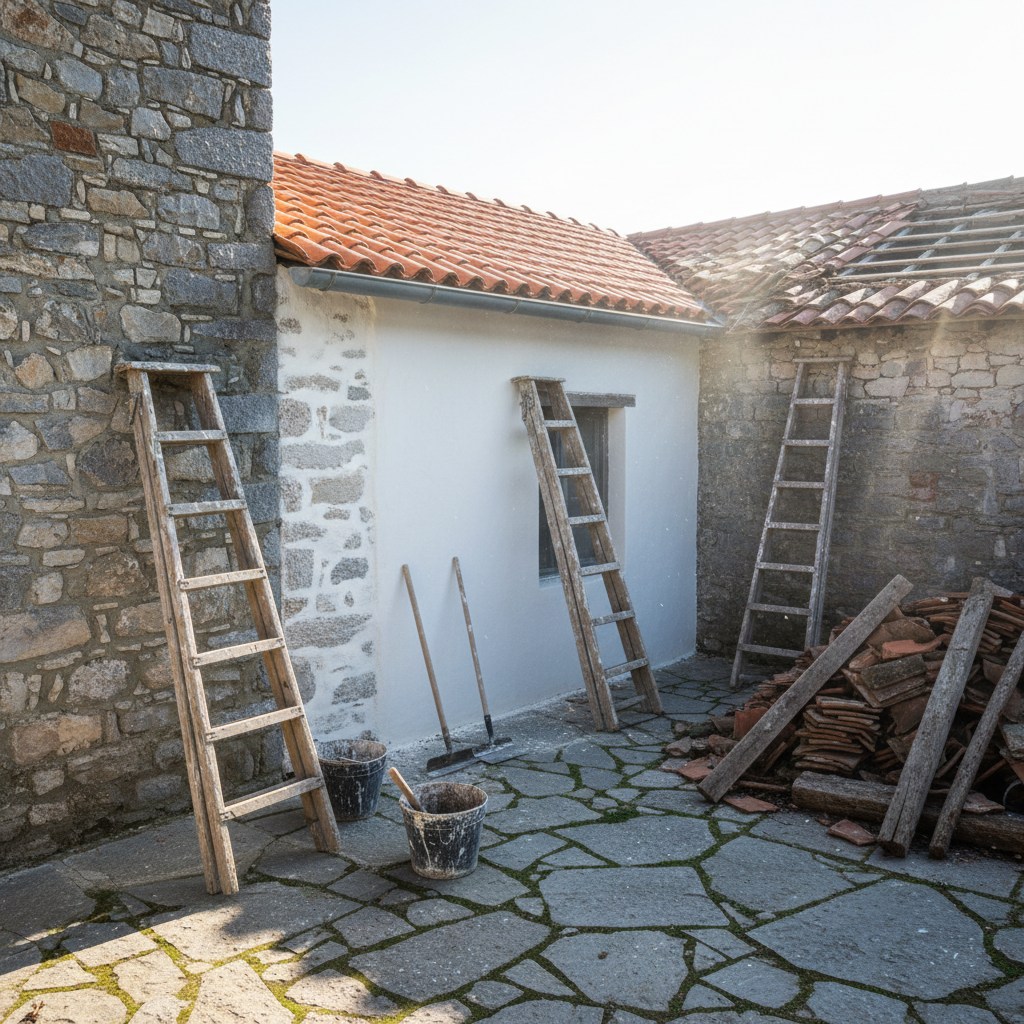 An outdoor stone courtyard beside a partially renovated Corfiot house, with rough, exposed stone walls contrasted against a newly repaired clay-tile roof and fresh lime plaster patches. Buckets, trowels, and weathered wooden ladders lean casually against the wall. In one corner, a pile of old roof tiles and reclaimed timber rests on the uneven flagstone floor. Soft, diffused morning light filters in from above, highlighting dust in the air and the varying textures of stone and wood. Photographic realism, slightly elevated angle, sharp focus throughout. The atmosphere feels hands-on and hopeful, capturing the messy, playful joy of ongoing island home renovation.